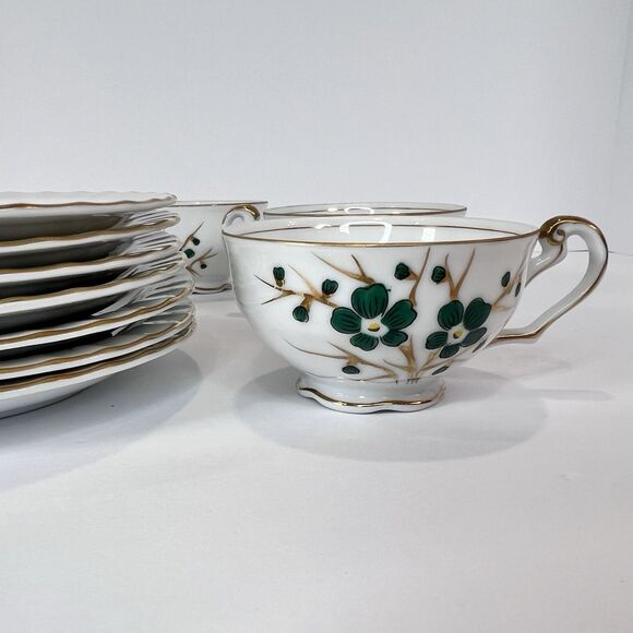 Antique Footed Teacup And Saucer Set Regal China‎ Occupied Japan Emerald Pattern - Picture 12 of 15